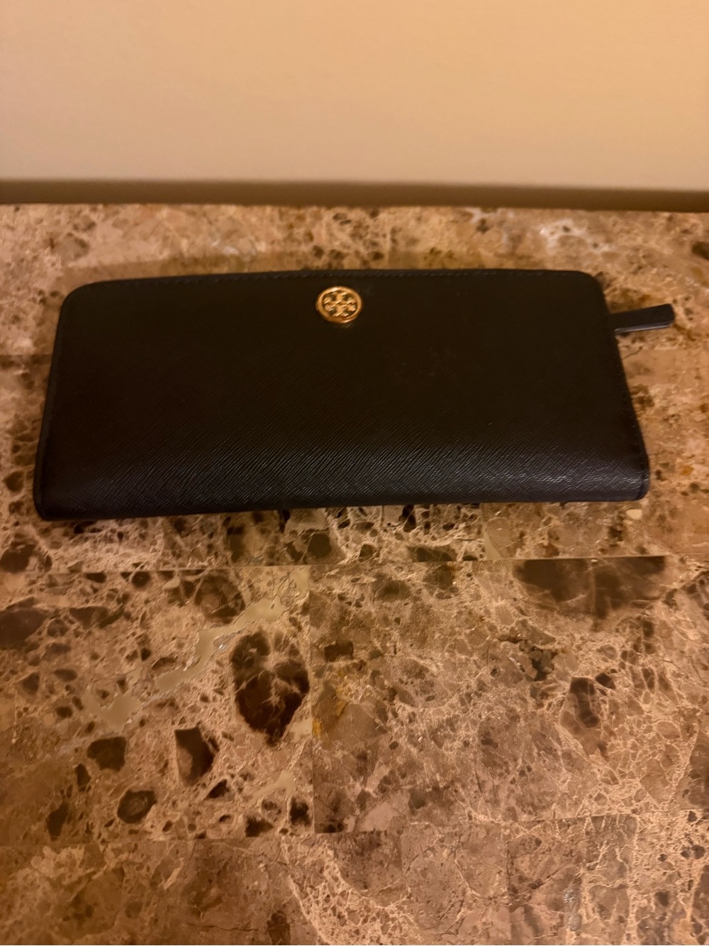 Tory Burch Black Zip-Around lightweight Wallet with Gold Logo “Authentic”